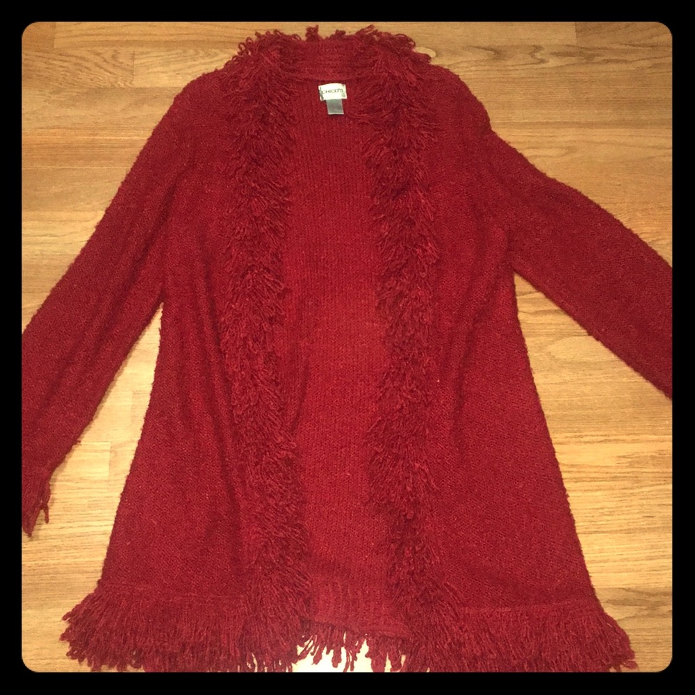 Chico’s Elegant shaggy fringe red coat